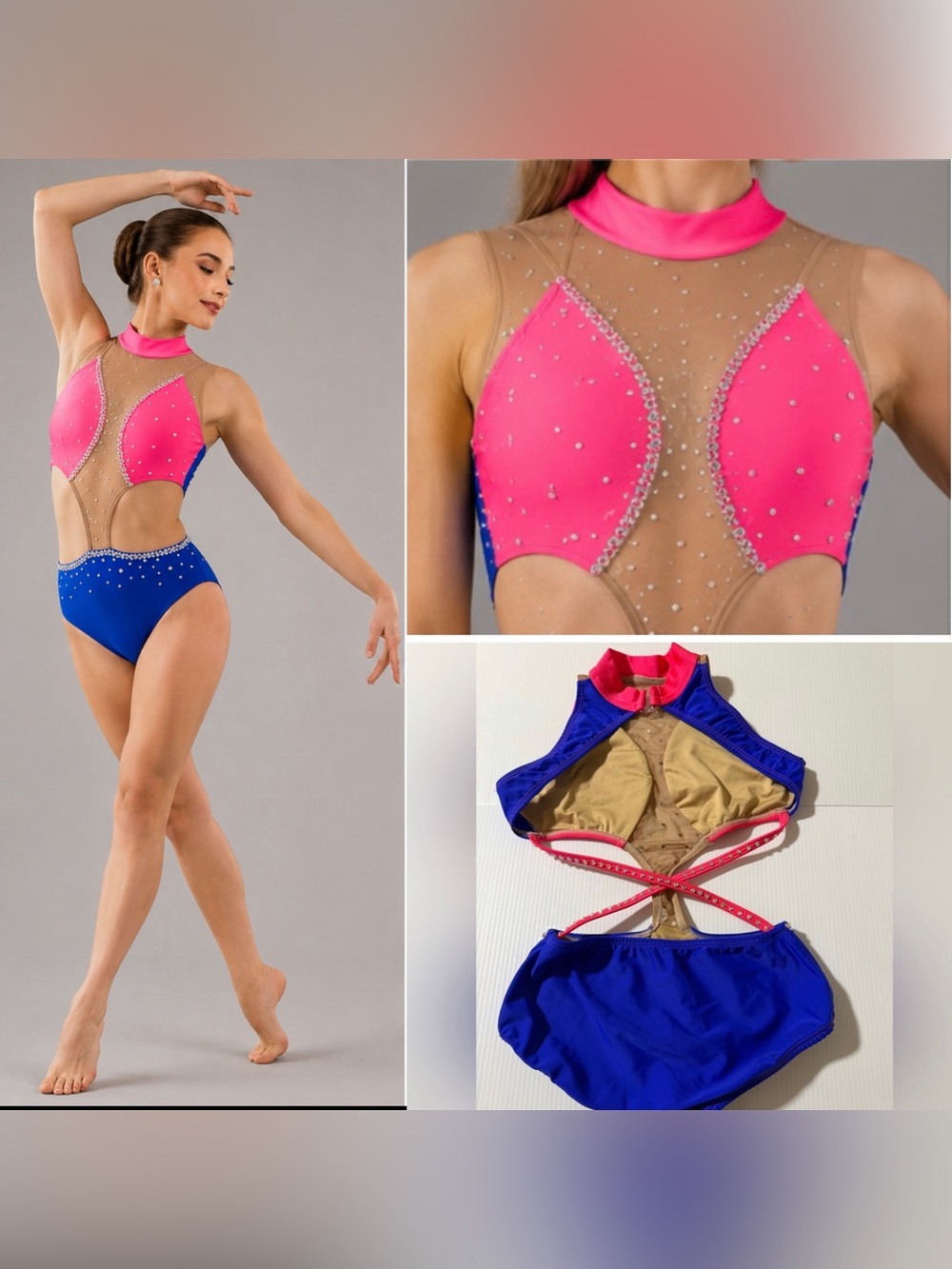 AA Dance Design Solo Dance Costume Neon Pink Blue Rhinestone Illusion Jazz XSA